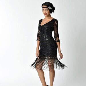 Unique Vintage Black Beaded Fringe Mini Dress